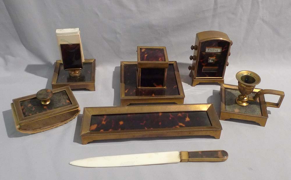 Antique tortoiseshell and gilt bronze desk set.