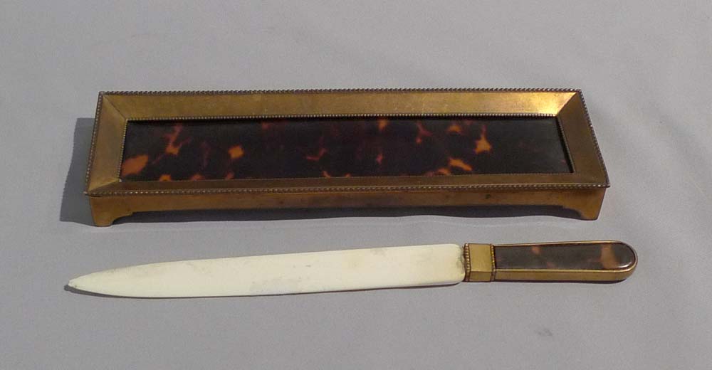 Antique tortoiseshell and gilt bronze desk set.