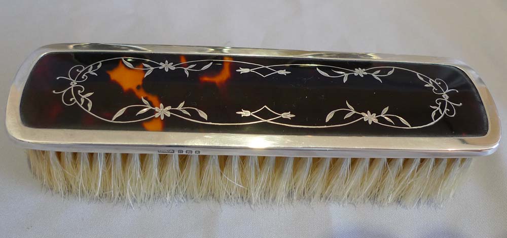 Tortoiseshell and silver picque 5 piece brush and mirror set (unused) London 1929.