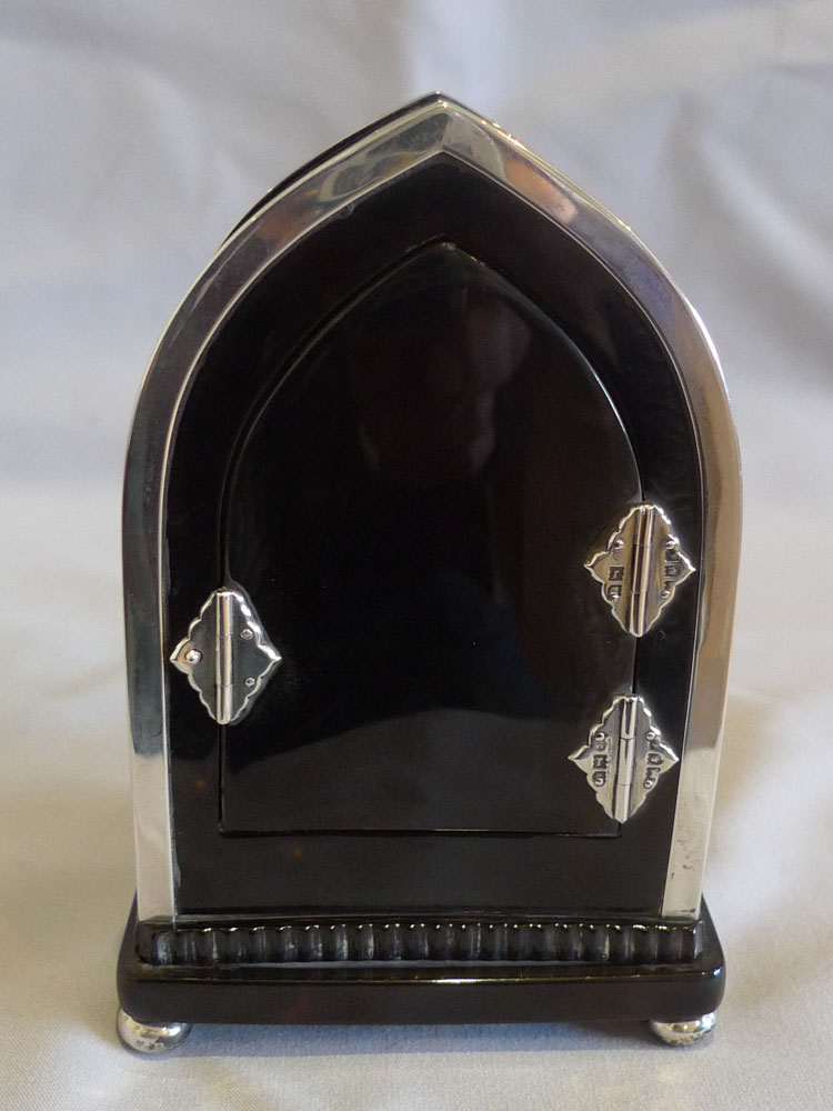 Antique English Gothic design lancet topped  tortoiseshell & silver mounted clock by William Comyns.