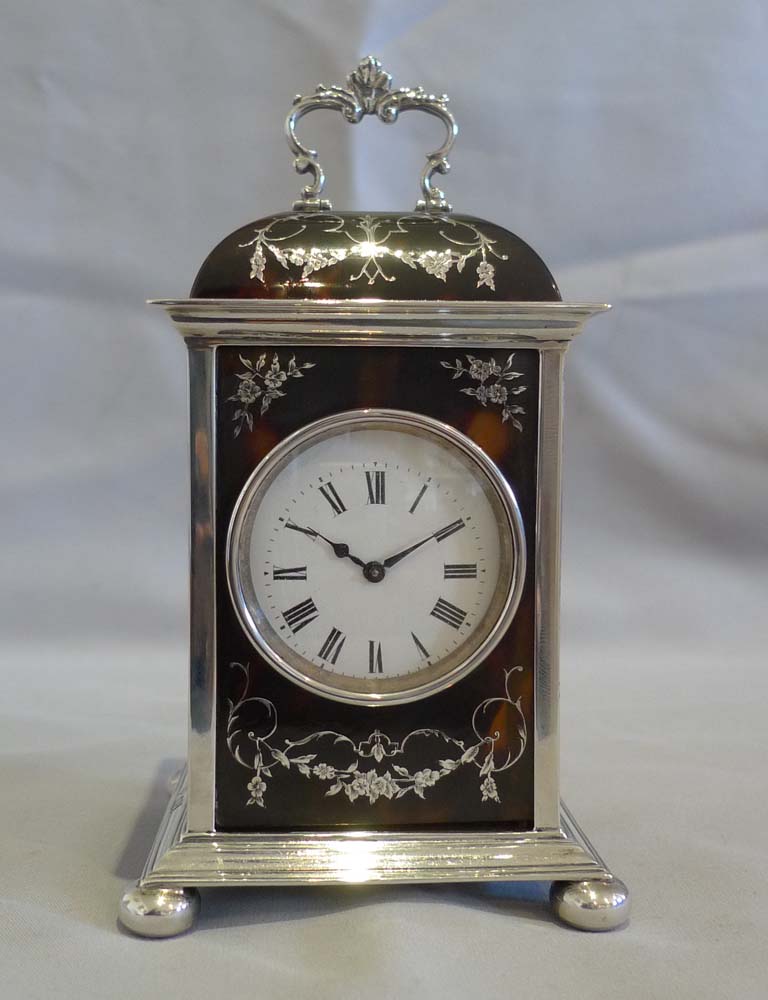English dome topped tortoiseshell & silver piquet carriage clock