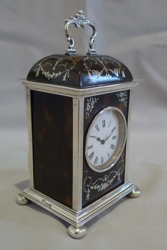 English dome topped tortoiseshell & silver piquet carriage clock