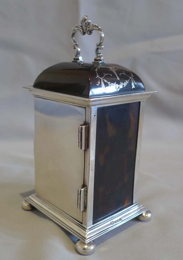 English dome topped tortoiseshell & silver piquet carriage clock