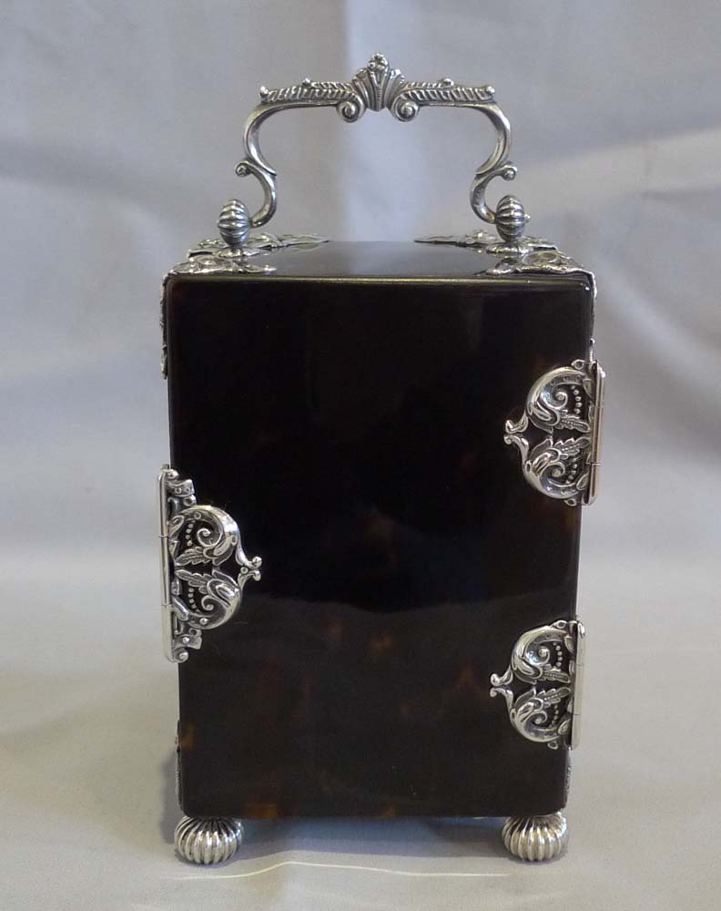 Antique English silver mounted & tortoiseshell carriage clock of substantial size.