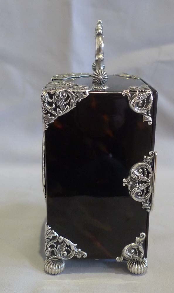 Antique English silver mounted & tortoiseshell carriage clock of substantial size.