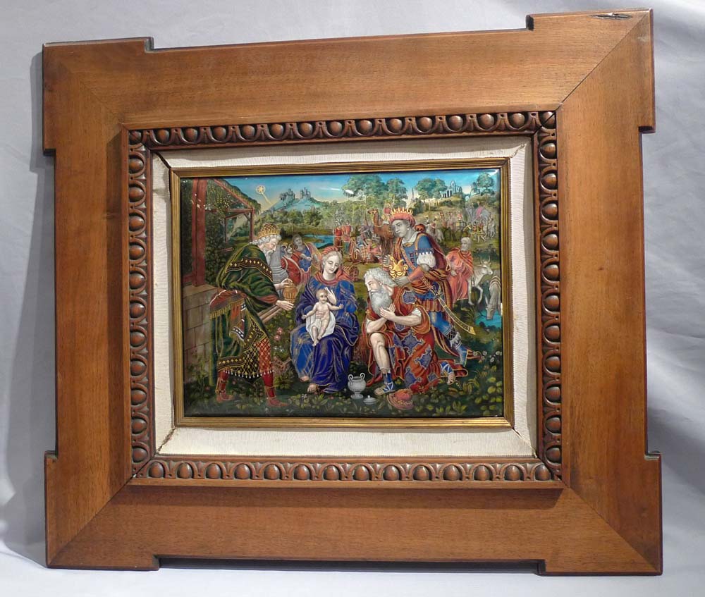 Fine Art Nouveau limoges enamel depiction of the Adoration of the Maji