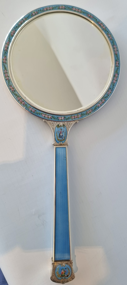 Silver, guilloche enamel, hand painted enamel  hand mirror