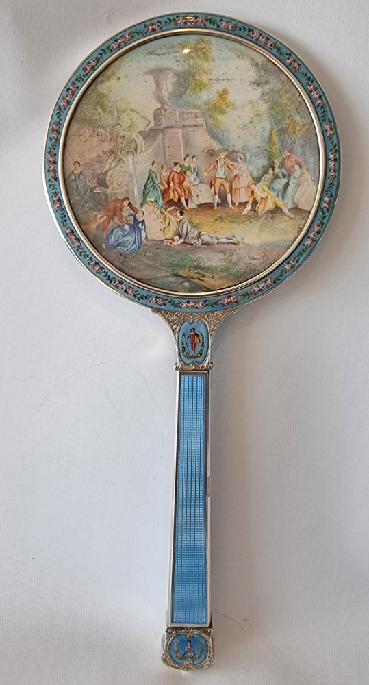 Silver, guilloche enamel, hand painted enamel  hand mirror