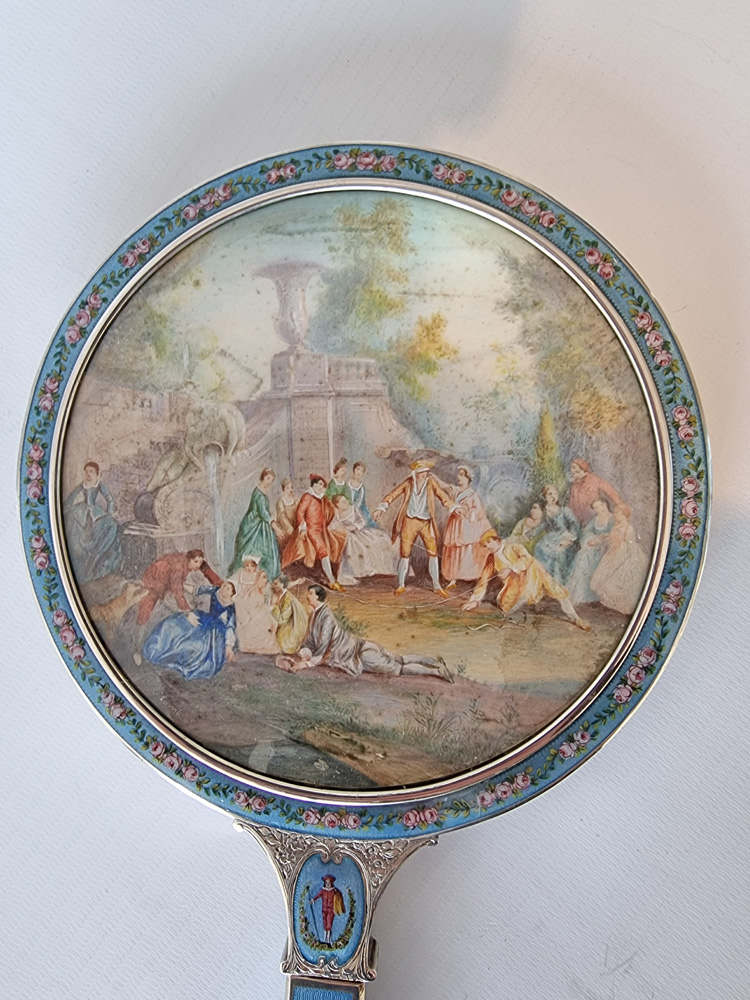 Silver, guilloche enamel, hand painted enamel  hand mirror