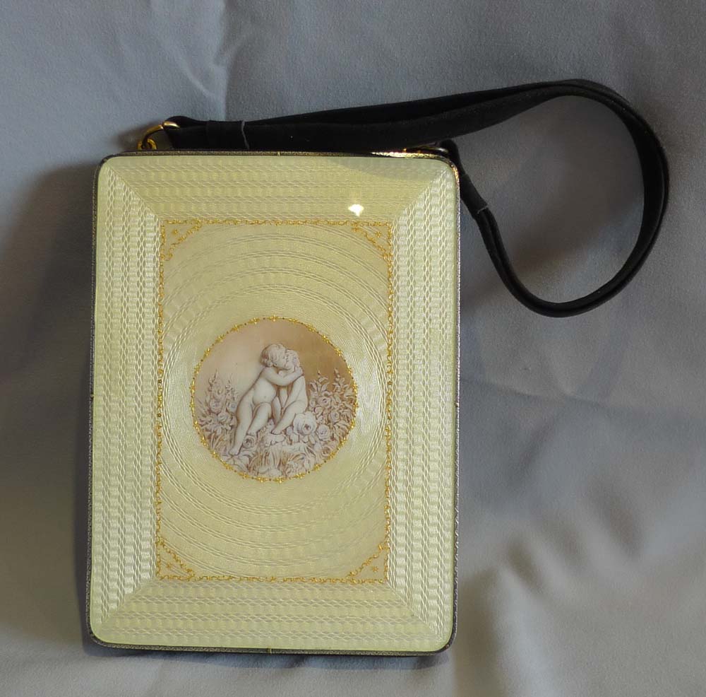 silver and yellow guilloche enamel and en grissaille painting evening purse.