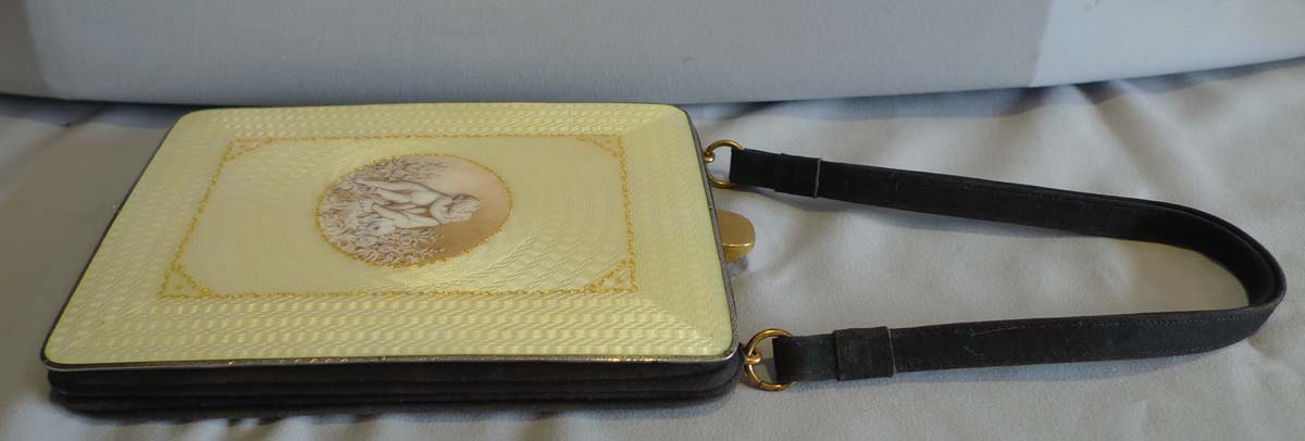 silver and yellow guilloche enamel and en grissaille painting evening purse.