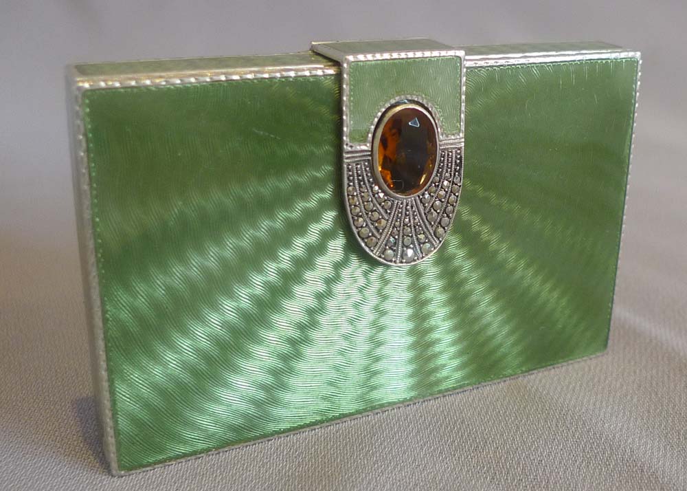 Austrian silver gilt and Olive green guilloche enamel card case.