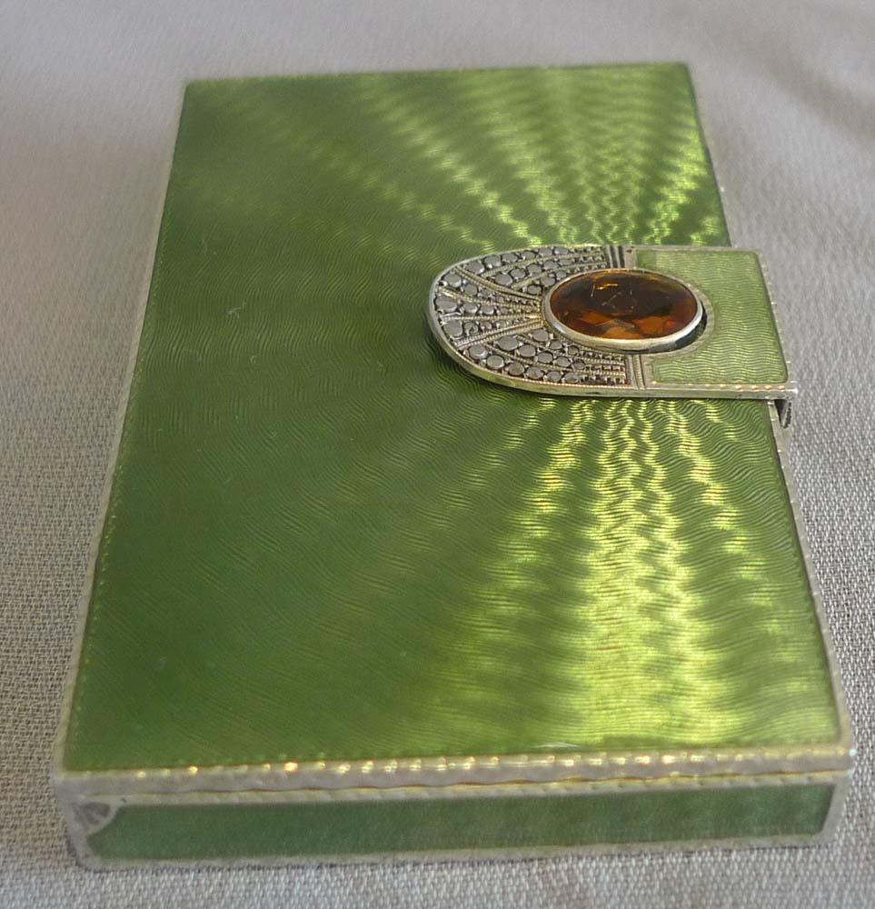 Austrian silver gilt and Olive green guilloche enamel card case.