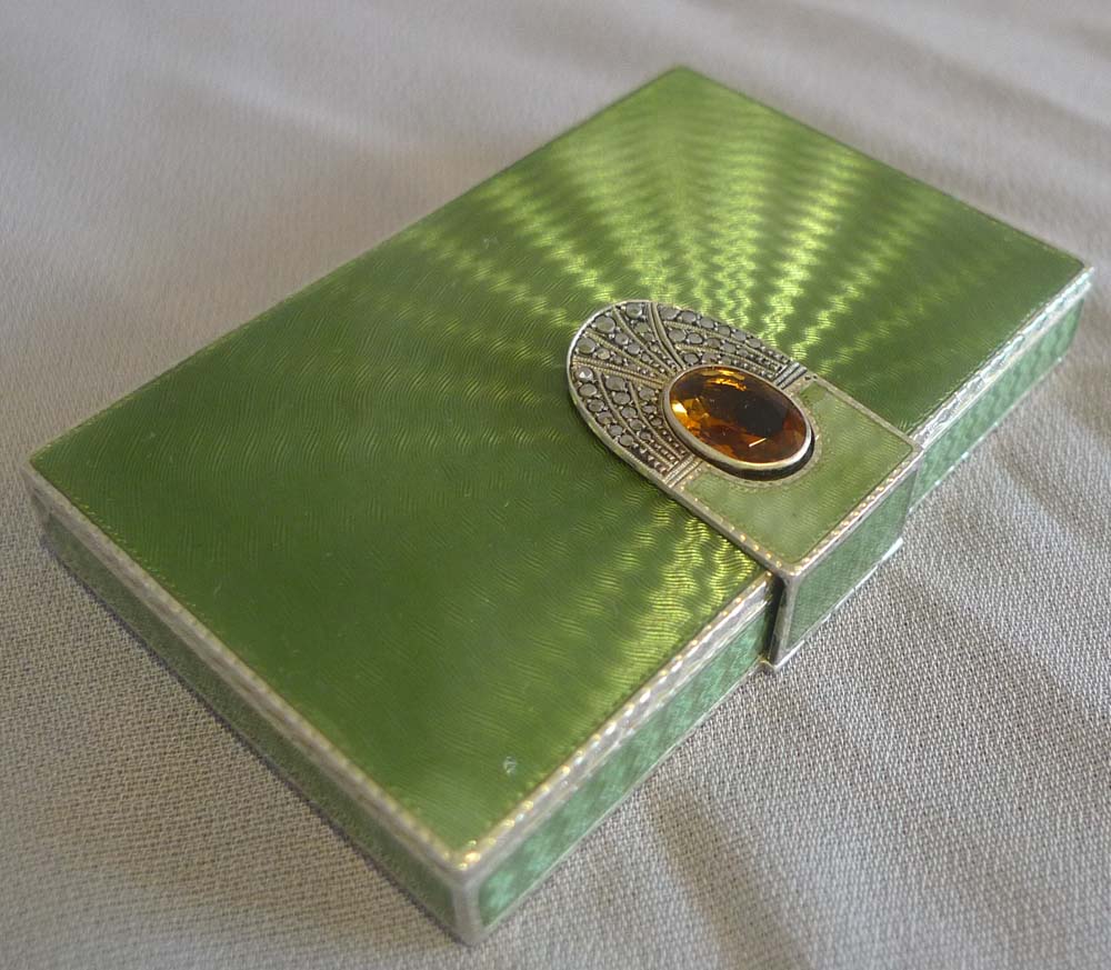 Austrian silver gilt and Olive green guilloche enamel card case.