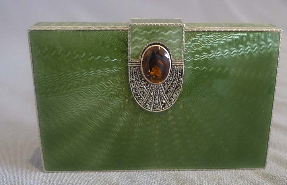 Austrian silver gilt and Olive green guilloche enamel card case.