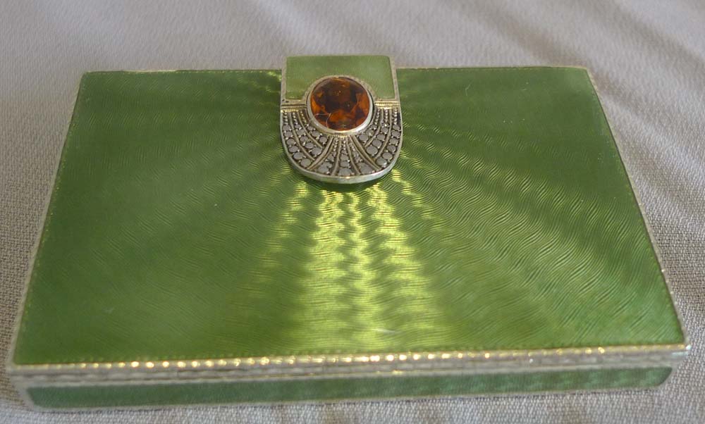Austrian silver gilt and Olive green guilloche enamel card case.