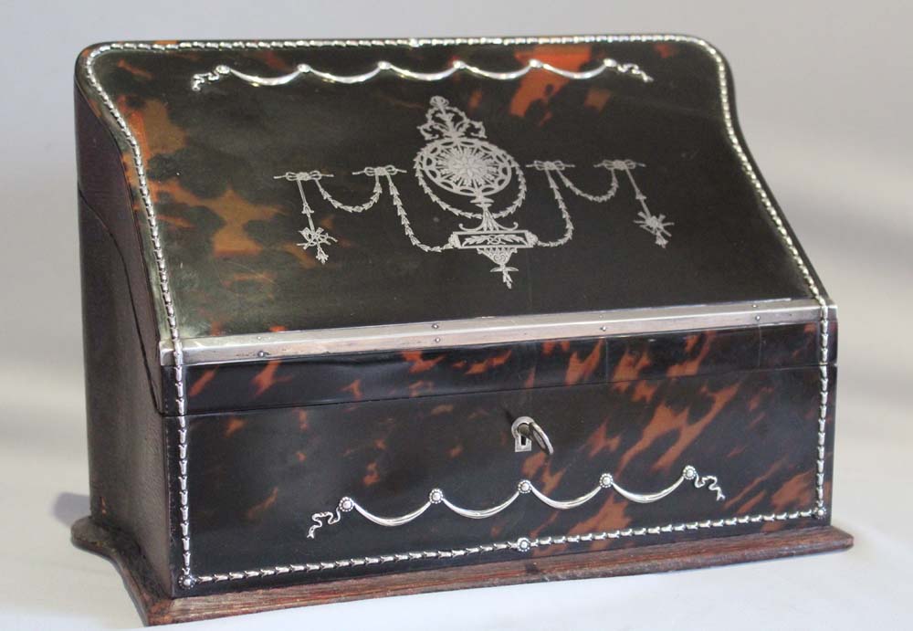 Antique tortoiseshell and silver pique stationary box signed J O Vickery 179,181,193 Regent St.