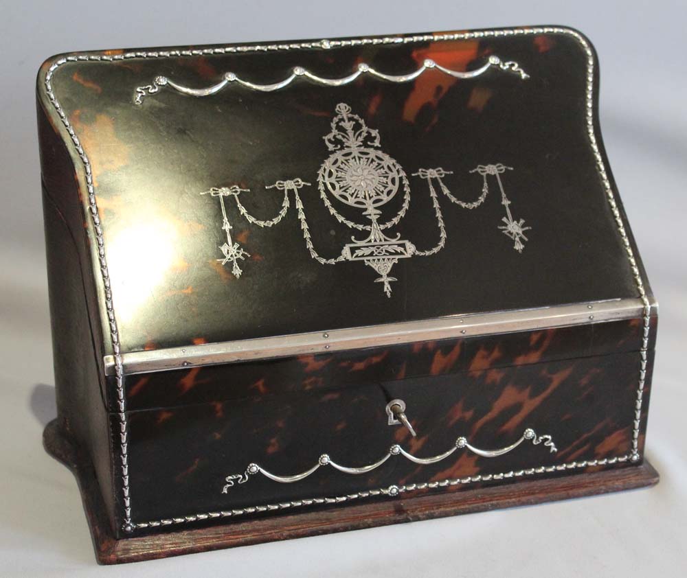 Antique tortoiseshell and silver pique stationary box signed J O Vickery 179,181,193 Regent St.