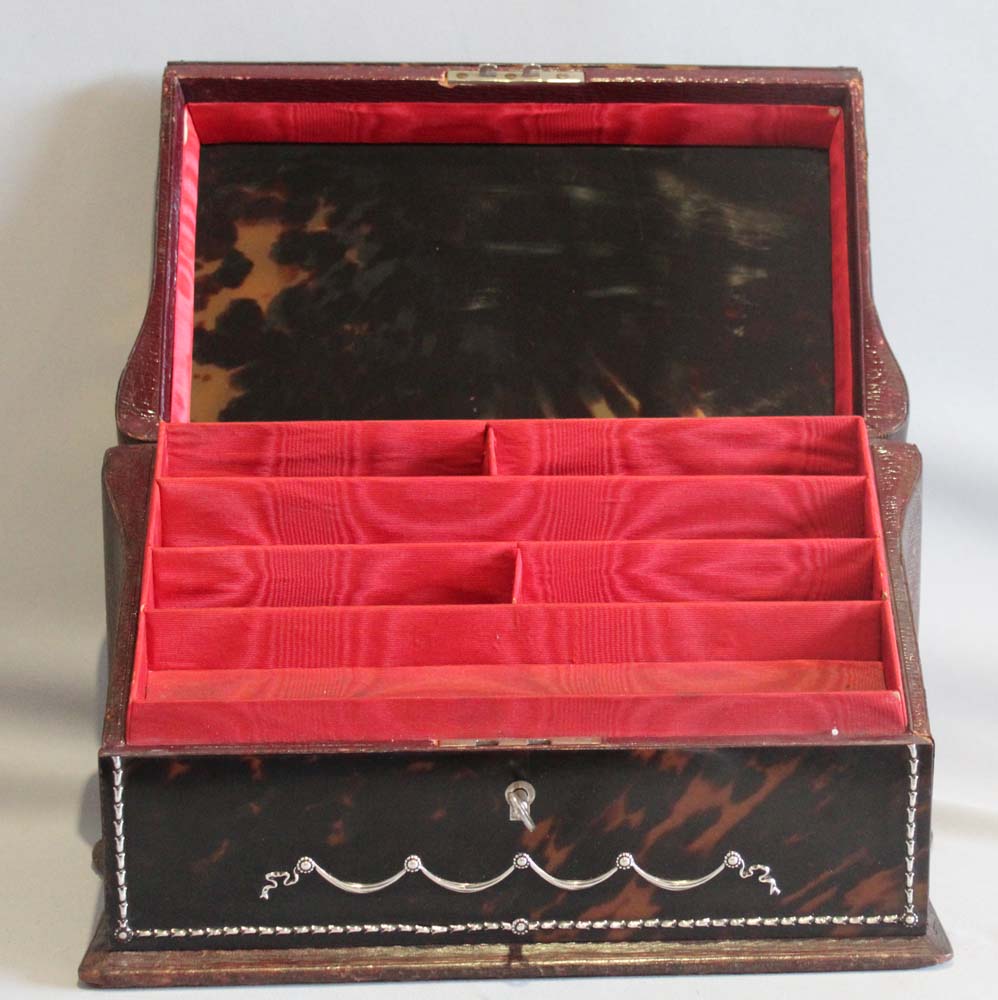 Antique tortoiseshell and silver pique stationary box signed J O Vickery 179,181,193 Regent St.