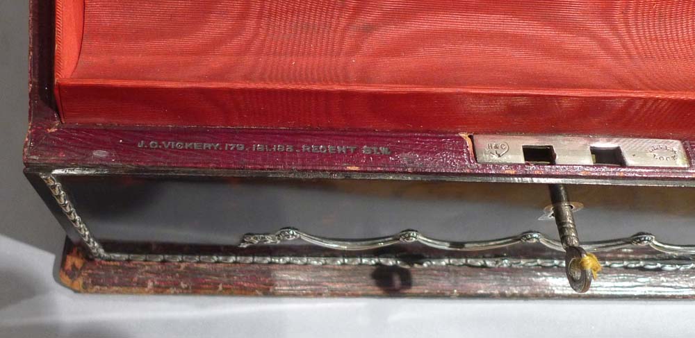 Antique tortoiseshell and silver pique stationary box signed J O Vickery 179,181,193 Regent St.