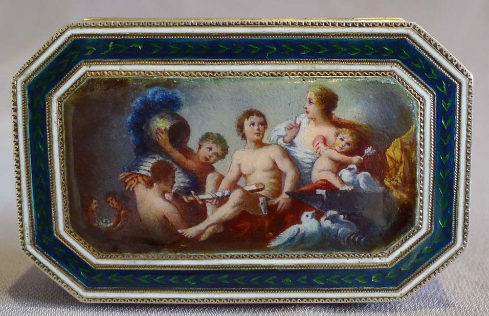 Antique silver gilt and enamel snuff box with outstanding painting and guilloche enamel decoration.