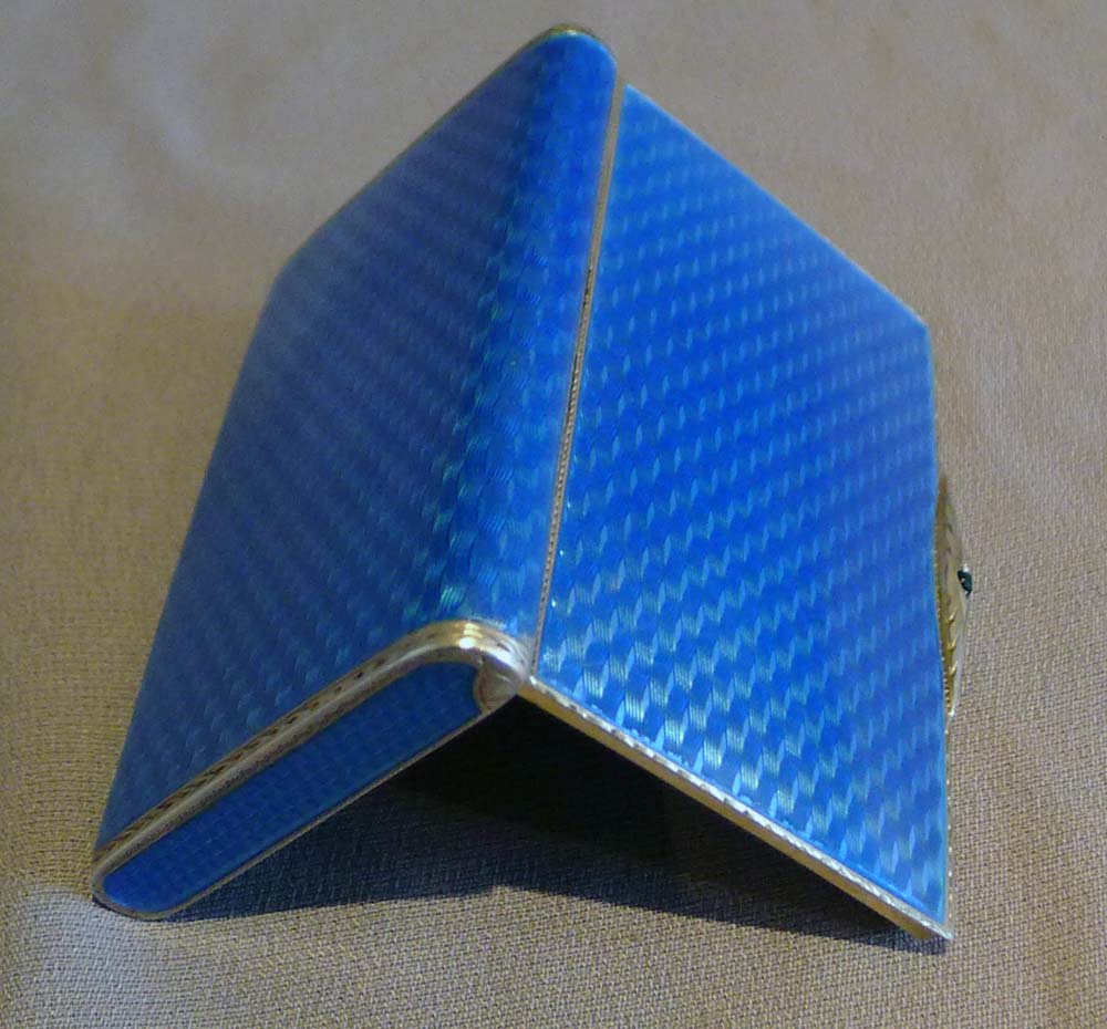 Guilloche enamel and silver card case with saphire button.