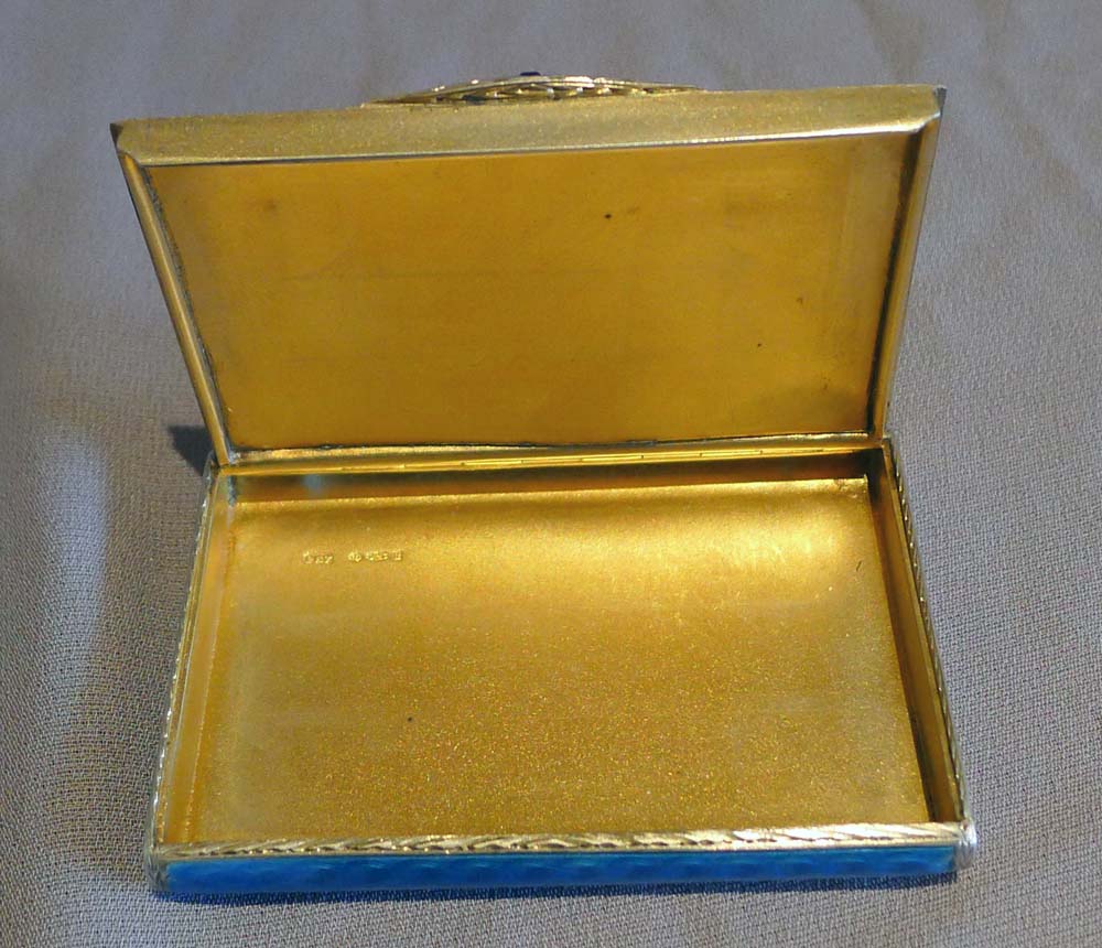 Guilloche enamel and silver card case with saphire button.