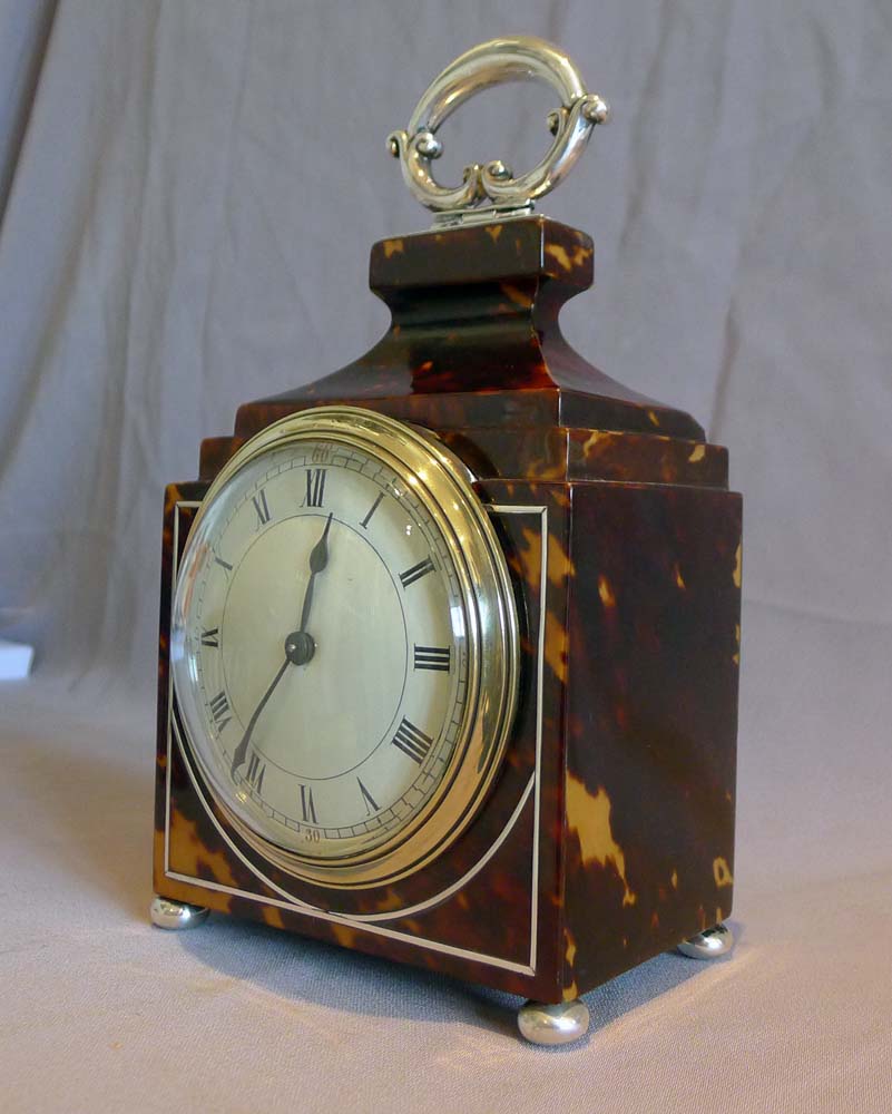 Antique English Edwardiian Tortoiseshell and silver mantel clock