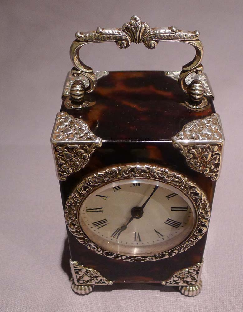 Antique tortoiseshell, silver and silver picque carriage clock