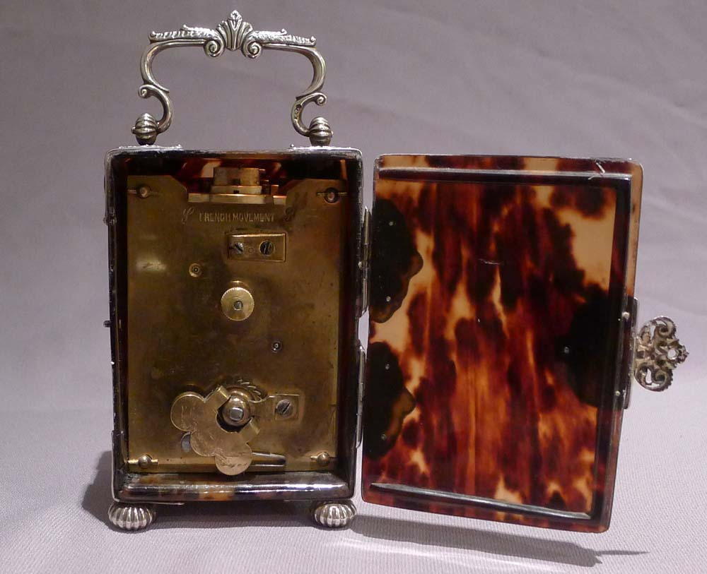 Antique tortoiseshell, silver and silver picque carriage clock