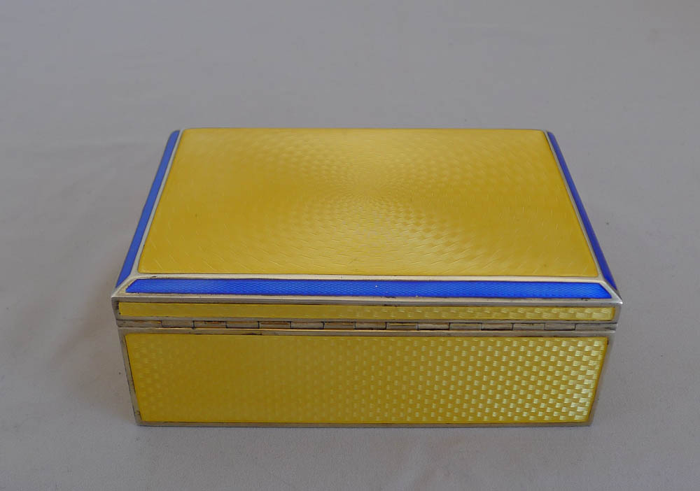 Silver and imperial yellow and blue guilloche enamel Art Deco box.