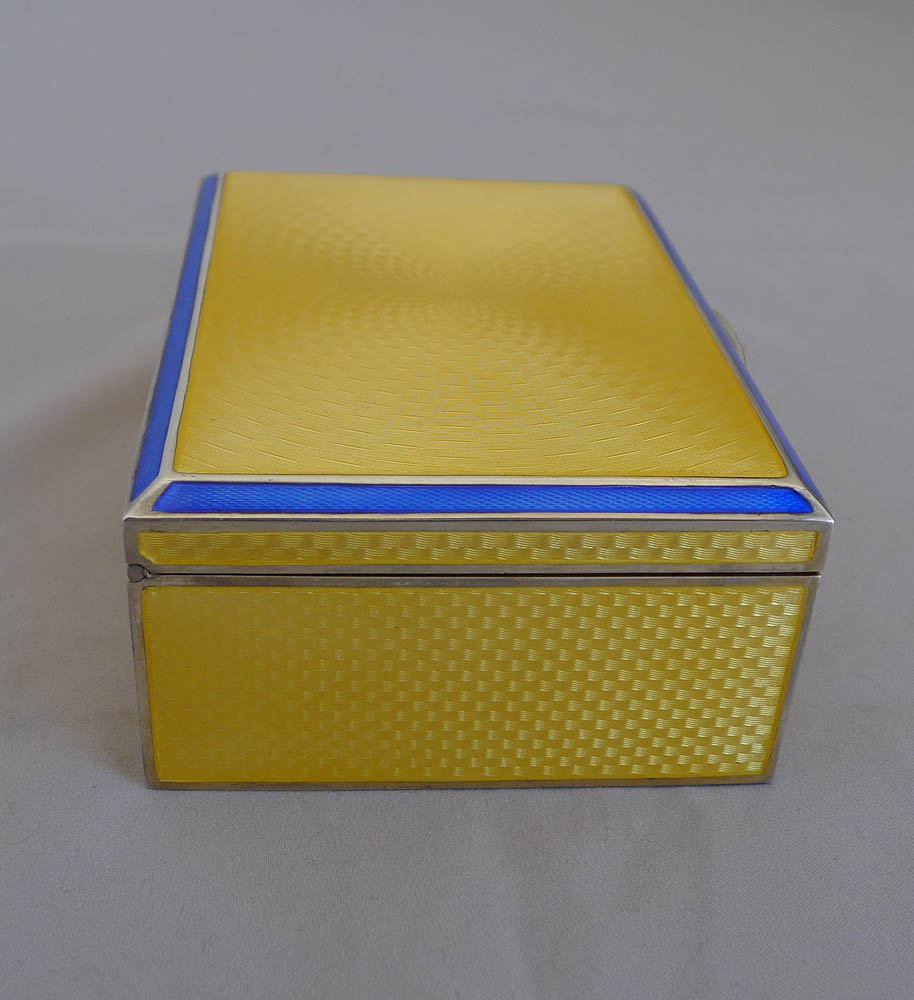 Silver and imperial yellow and blue guilloche enamel Art Deco box.