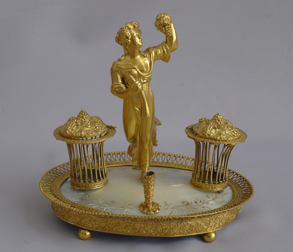 Antique Palais Royal engraved mother of pearl and ormolu inkwell