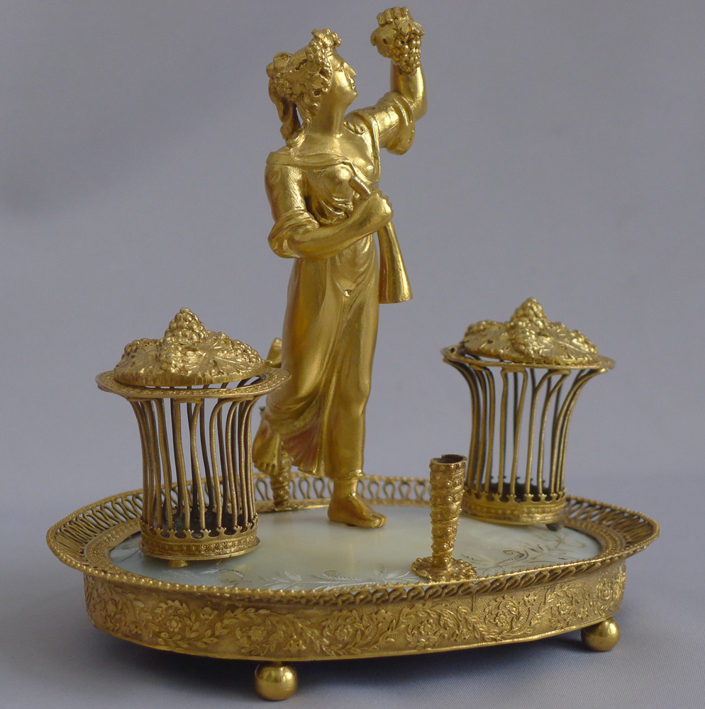 Antique Palais Royal engraved mother of pearl and ormolu inkwell
