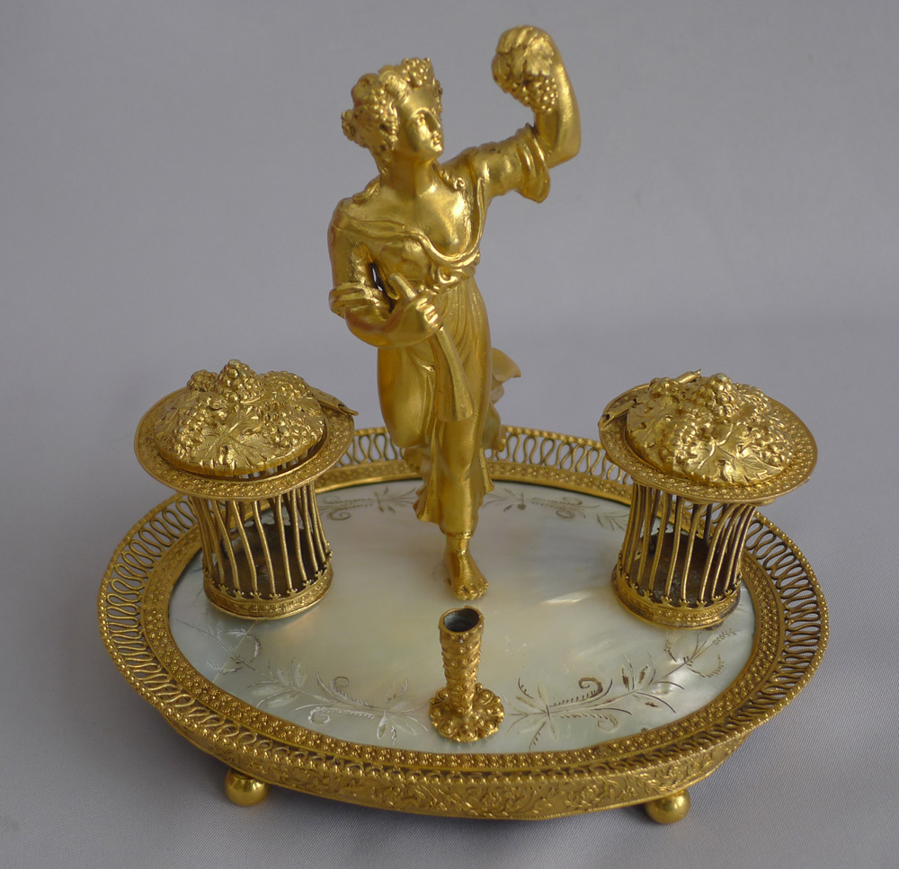 Antique Palais Royal engraved mother of pearl and ormolu inkwell