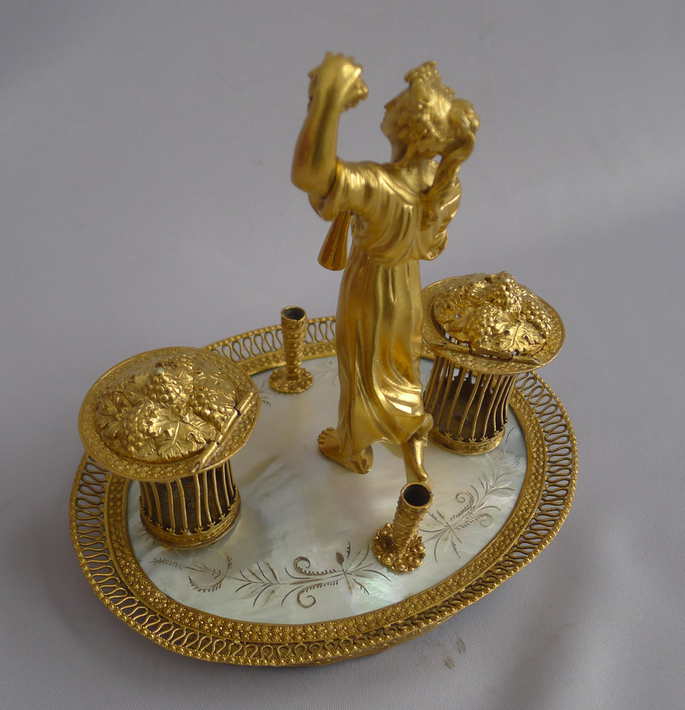 Antique Palais Royal engraved mother of pearl and ormolu inkwell