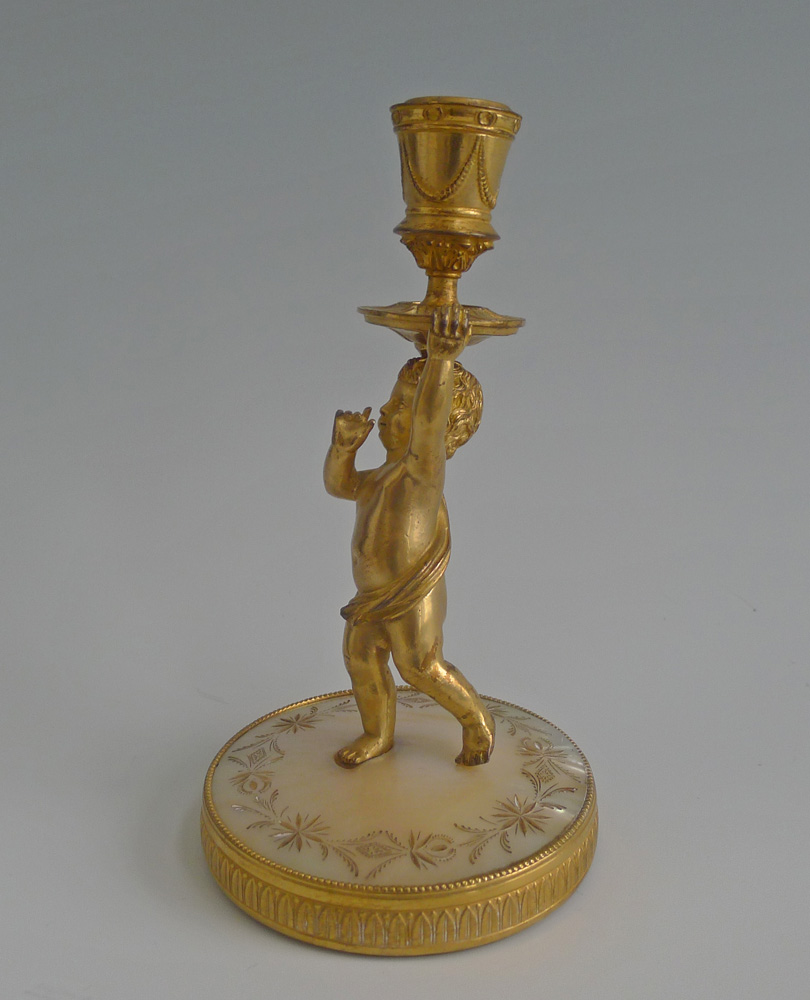 Palais Royal engraved mother of pearl and ormolu cupid Candlestick
