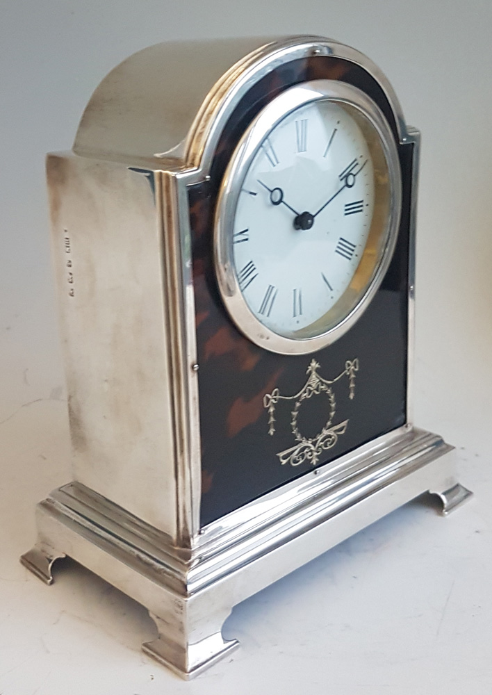 Fine Tortoiseshell and silver pique domed topped mantel Clock by Henry Matthews