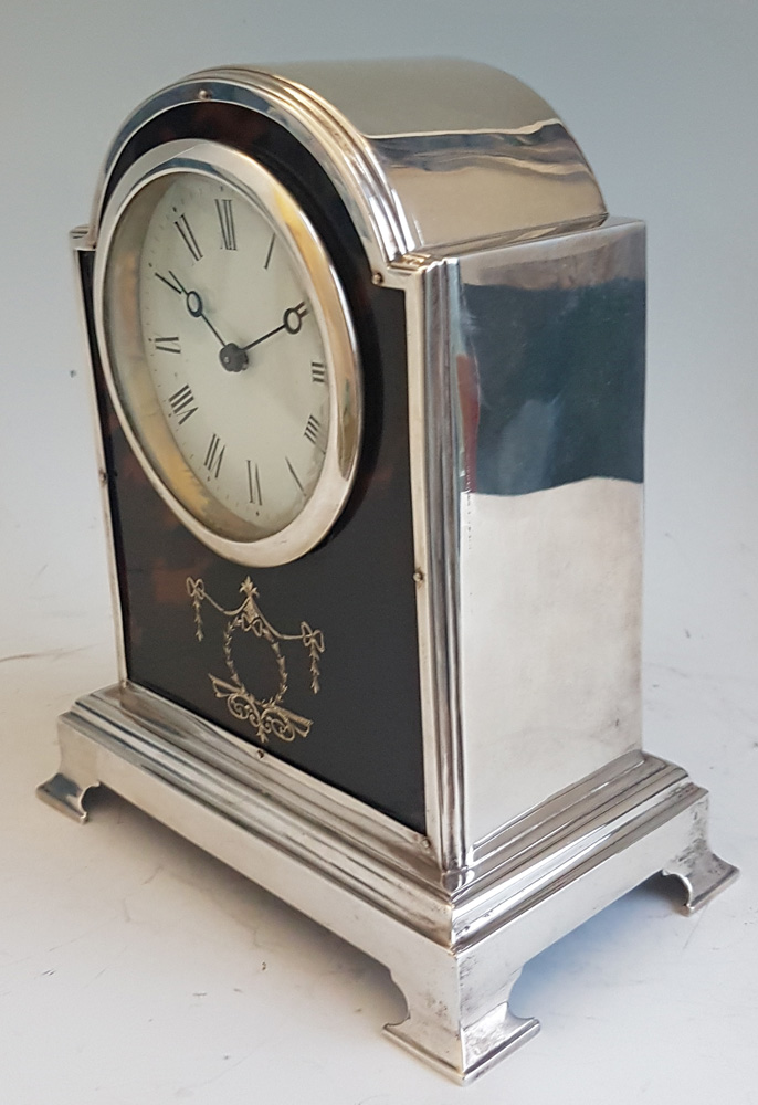 Fine Tortoiseshell and silver pique domed topped mantel Clock by Henry Matthews