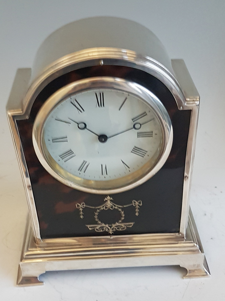Fine Tortoiseshell and silver pique domed topped mantel Clock by Henry Matthews