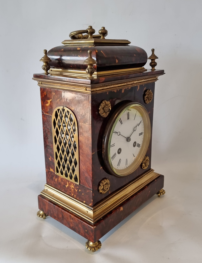Antique Blond tortoiseshell and gilt bronze bracket or mantel clock in Queen Anne style