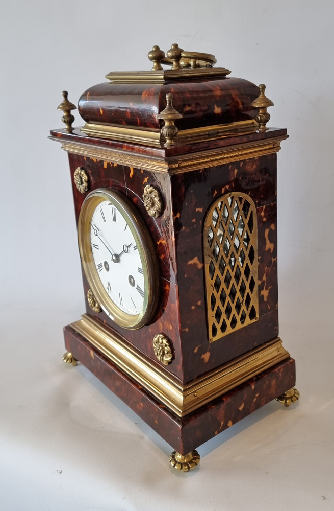 Antique Blond tortoiseshell and gilt bronze bracket or mantel clock in Queen Anne style