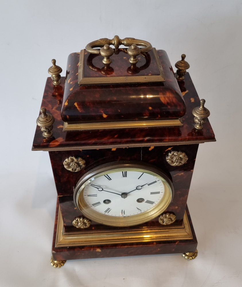 Antique Blond tortoiseshell and gilt bronze bracket or mantel clock in Queen Anne style