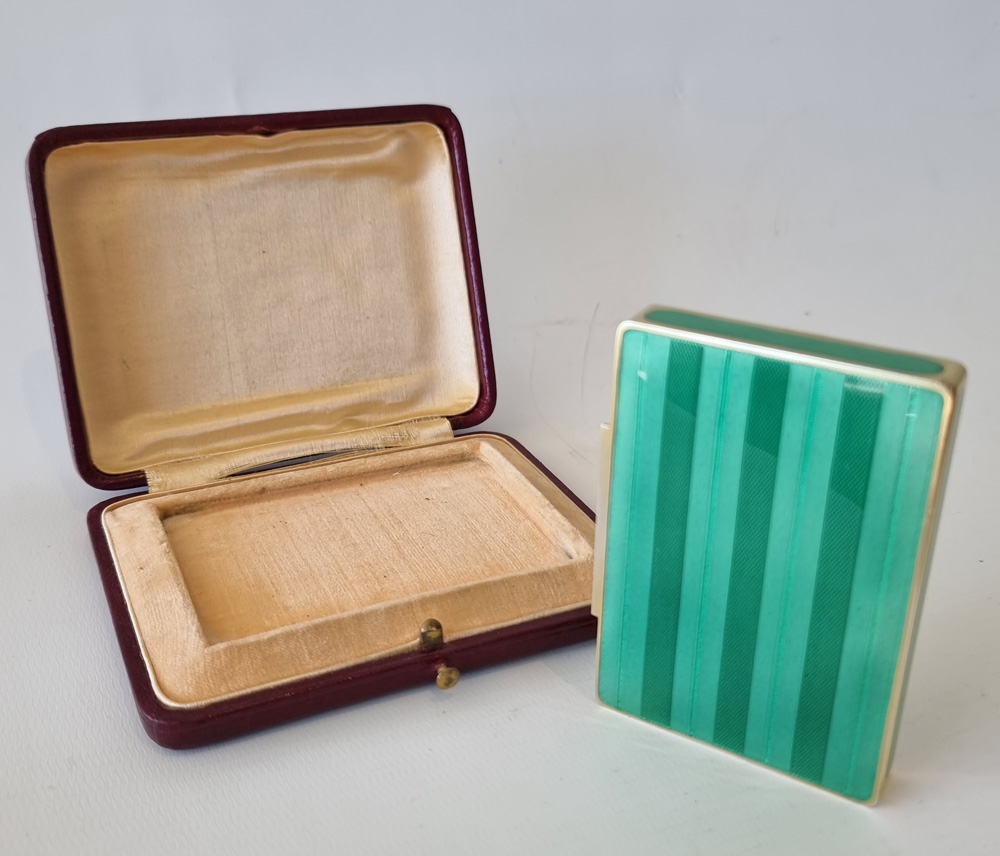 Austrian silver gilt and green guilloche enamel snuff box in original leather case