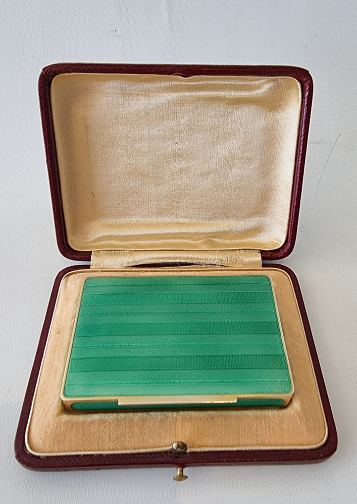 Austrian silver gilt and green guilloche enamel snuff box in original leather case