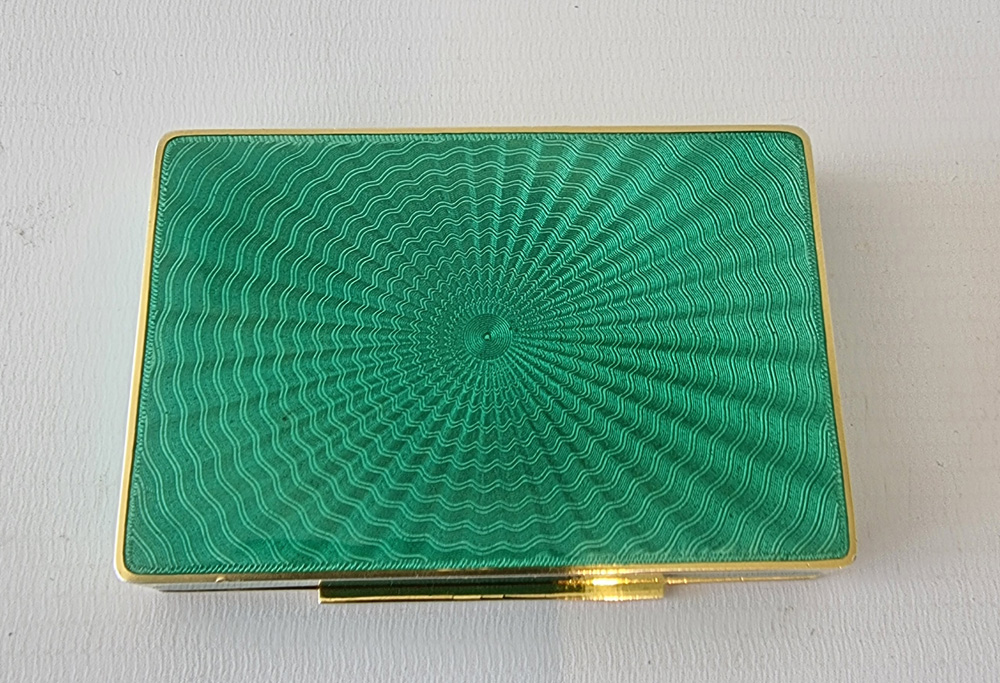 Austrian silver gilt and green guilloche enamel snuff box in original leather case