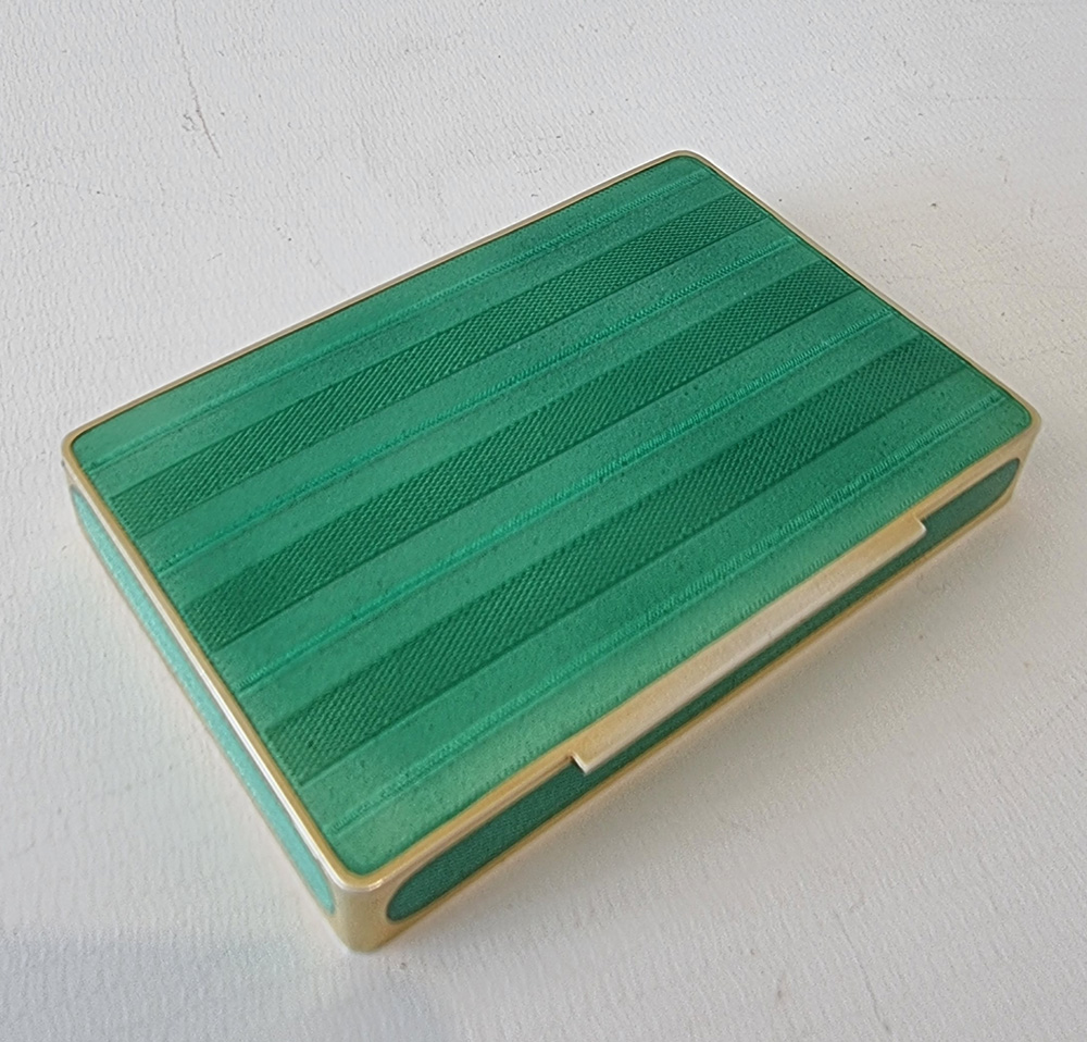 Austrian silver gilt and green guilloche enamel snuff box in original leather case