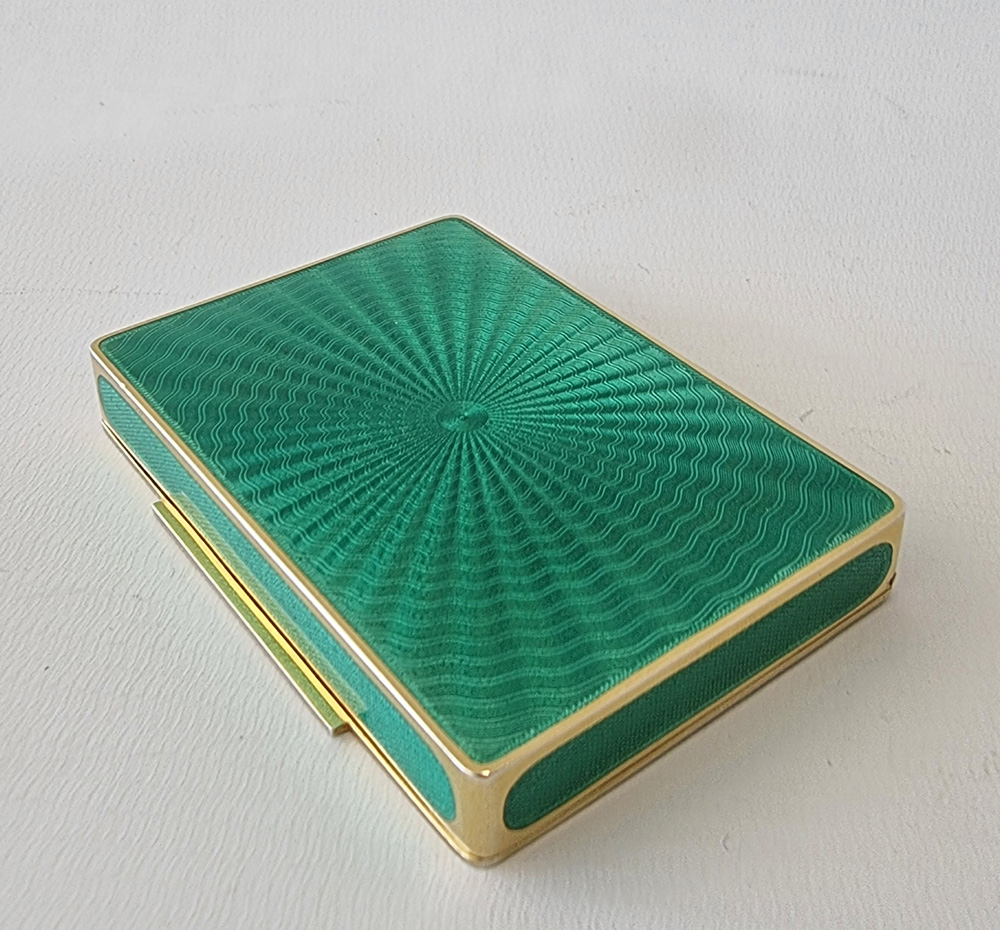Austrian silver gilt and green guilloche enamel snuff box in original leather case