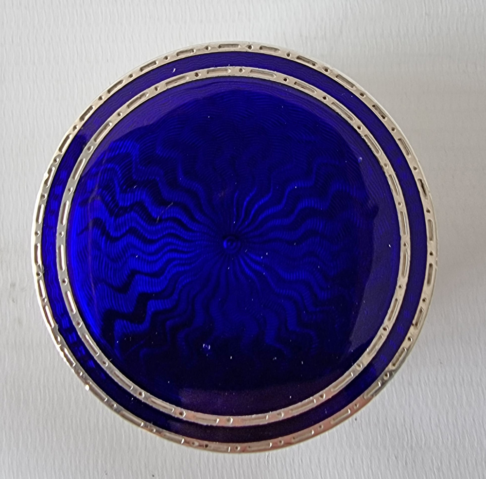 Art Deco silver and blue guilloche enamel pill box