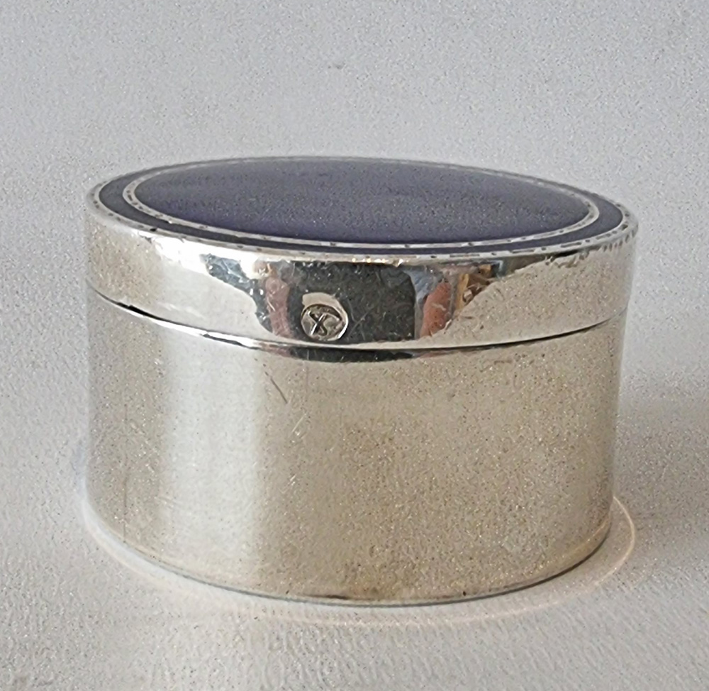 Art Deco silver and blue guilloche enamel pill box